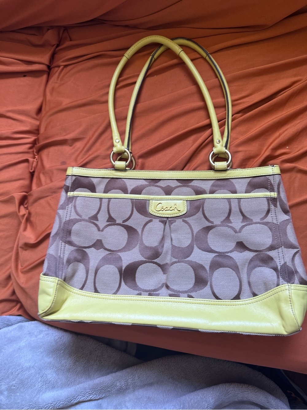 Coach Tote Brown Signature Canvas and Yellow Leather Trim Shoulder bag purse